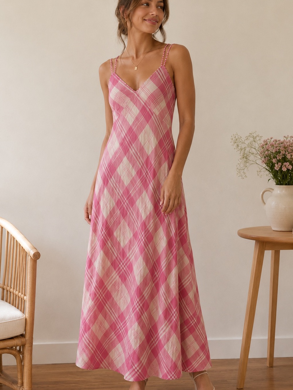 Polo Ralph Lauren Pink Plaid Maxi Sundress 100% Cotton Crisscross Back Size 14